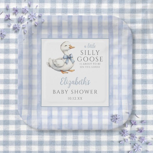 Assiettes En Carton Baby shower Silencieux En vichy bleu petit oie