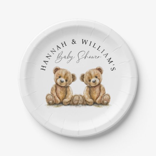 Assiettes En Carton Baby shower simple Aquarelle Teddy Bear Twins (Devant)