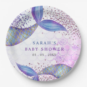 Assiettes En Carton Baby-Shower Sirène Paillettes Violettes
