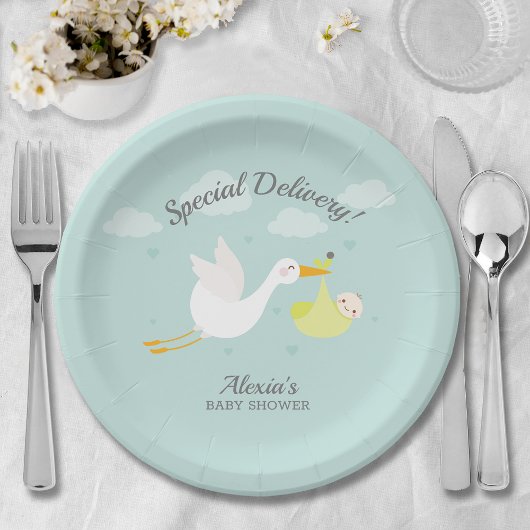 Assiettes En Carton Baby shower superposé pour bébé jaune cigogne