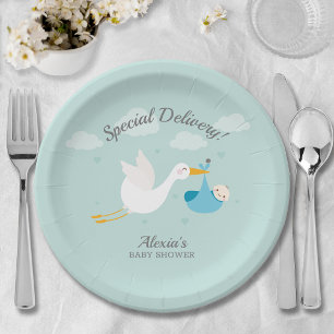 Assiettes En Carton Baby shower superposé pour bébé Stork Boy