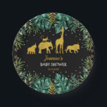 Assiettes En Carton Baby shower tropical moderne de safari de jungle<br><div class="desc">Plaque à papier jungle-orientée lunatique comportant un groupe d'animaux mignons de safari dans l'or de faux et le feuille tropical magnifique
Studio bleu de lapin de ©</div>