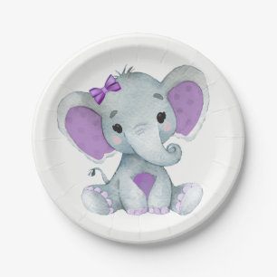 Assiettes En Carton Baby shower Turquoise en tôle d'éléphant violet, A