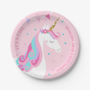 Assiettes En Carton Baby shower Unicorn rose Personnalisé