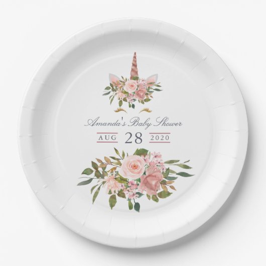Assiettes En Carton Baby shower Unicorne flush et Rose or (Devant)