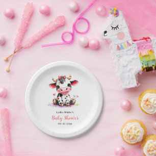 Assiettes En Carton Baby shower vache minimaliste rose fille