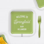 Assiettes En Carton Baby shower vert Affiche de bienvenue de ville<br><div class="desc">Illustration d'un panneau vert d'accueil. Personnalisez avec le nom de votre ville et le nom de votre bébé.</div>