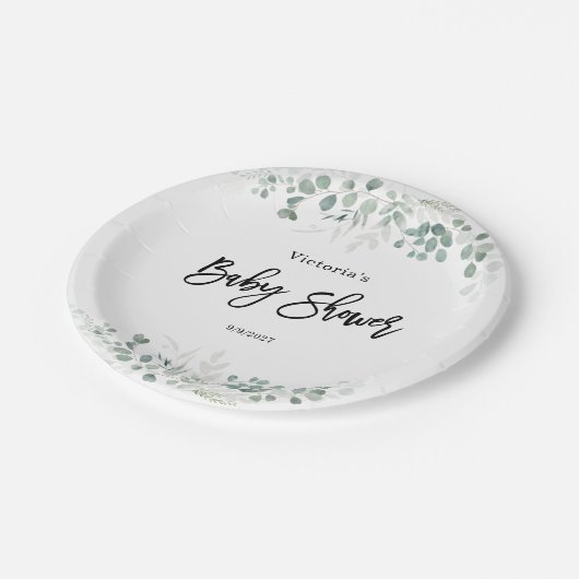Assiettes En Carton Baby shower vert Eucalyptus (Angle)