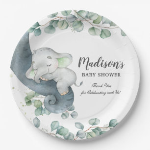 Assiettes En Carton Baby shower vert joli éléphant genre neutre 