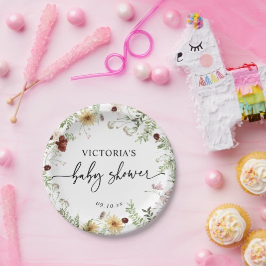 Assiettes En Carton Baby shower vert minimal Fleur sauvage Boho (Fête)