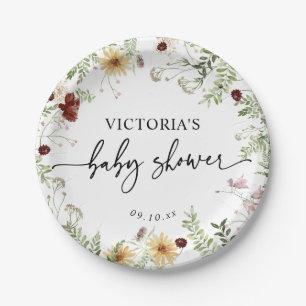 Assiettes En Carton Baby shower vert minimal Fleur sauvage Boho