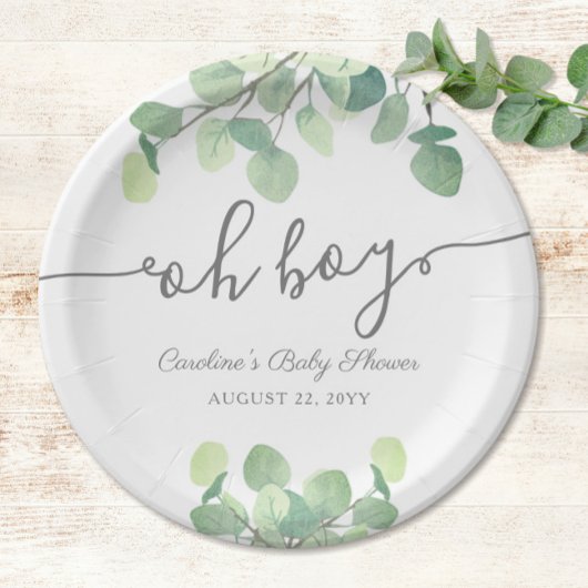 Assiettes En Carton Baby shower vert moderne Eucalyptus Oh Boy