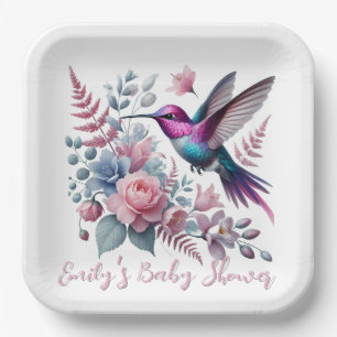 Assiettes En Carton Baby shower Vibrant De Colibri Et De Fleurs Roses