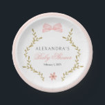 Assiettes En Carton Baby shower Vintage rose<br><div class="desc">Plaques de papier d'aquarelle de couleur blanche conception de la vigne verte avec des éléments floraux roses et un joli arc rose.</div>