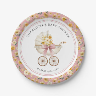 Assiettes En Carton Baby-Shower Vintage Rose Ancien Landau Fleurs