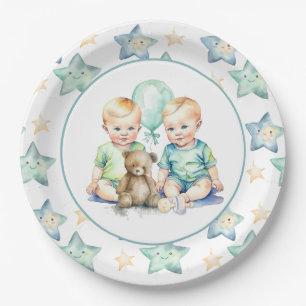 Assiettes En Carton Baby shower Watercolor Twin Boys