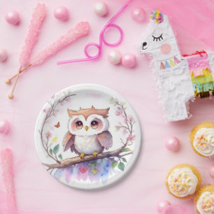 Assiettes En Carton Baby shower Whimsical Woodland Owl Girl