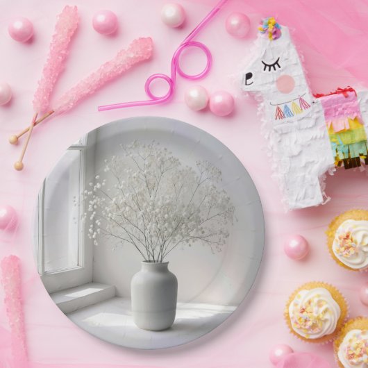 Assiettes En Carton Baby's Breath Bouquet In White Vase (Fête)