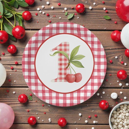 Assiettes En Carton Baby's Cherry First Red Gingham Birthday