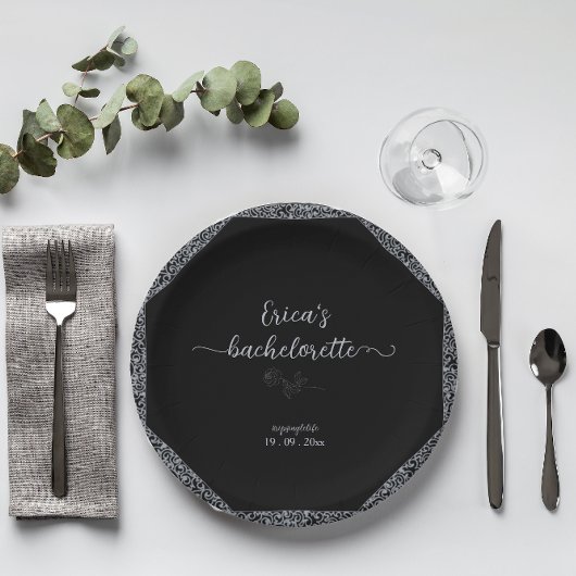 Assiettes En Carton Bachelorette gothique florale noire et argent