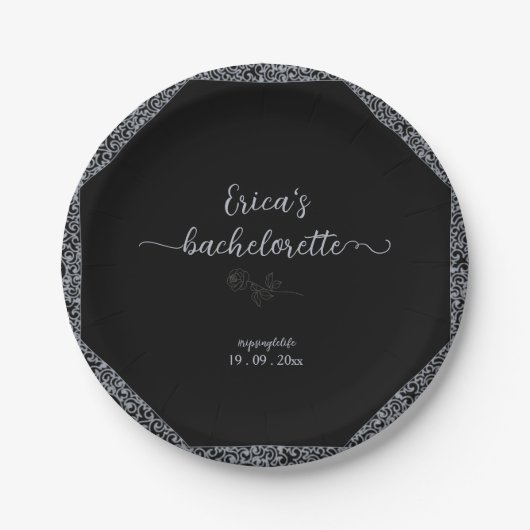 Assiettes En Carton Bachelorette gothique florale noire et argent (Devant)