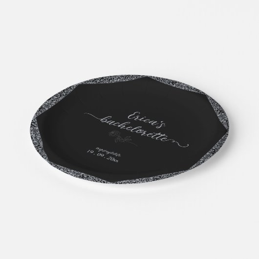 Assiettes En Carton Bachelorette gothique florale noire et argent (Angle)