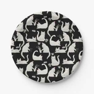 Assiettes En Carton Bad Cats Knocking Stuff Over, White Cats on Black