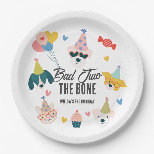 Assiettes En Carton Bad Two Bone Dogs & Cat Balloons 2e anniversaire (Devant)