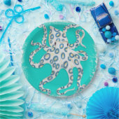 Assiettes En Carton Bague bleue Octopus Art Turquoise (Fête)