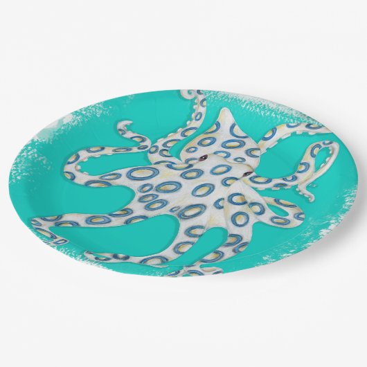 Assiettes En Carton Bague bleue Octopus Art Turquoise (Angle)