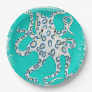 Assiettes En Carton Bague bleue Octopus Art Turquoise