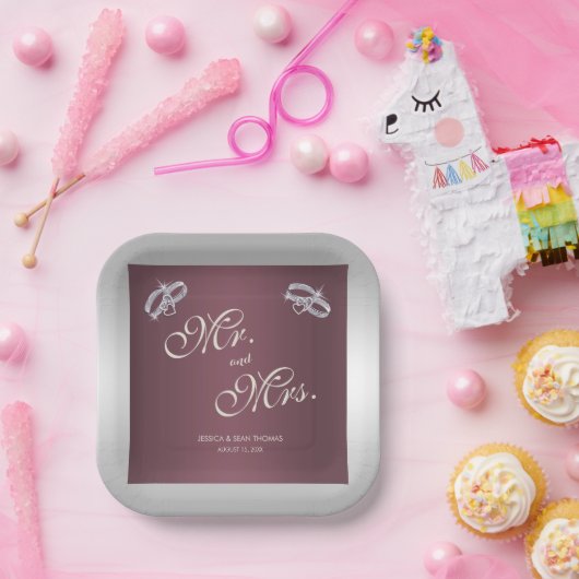 Assiettes En Carton Bagues argentées et Mariage Burgandy (Fête)