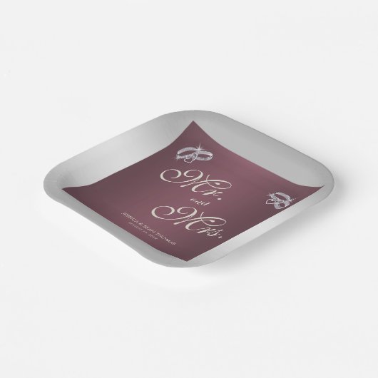 Assiettes En Carton Bagues argentées et Mariage Burgandy (Angulaire)