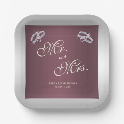 Assiettes En Carton Bagues argentées et Mariage Burgandy (Recto)