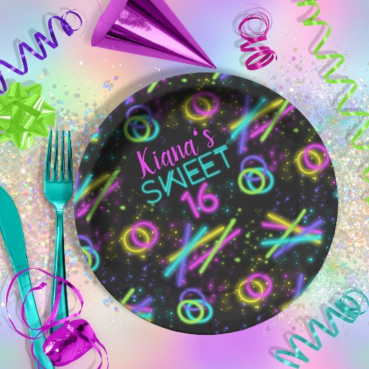 Assiettes En Carton Baguette de Neon Glow Sweet 16 Nom ID760