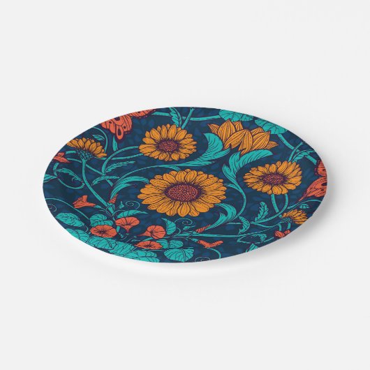 Assiettes En Carton Baies Art Nouveau en bleu et jaune (Angle)