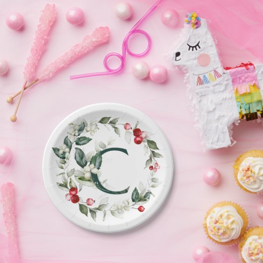Assiettes En Carton Baies d'hiver Monogramme C Plaque en papier (Fête)