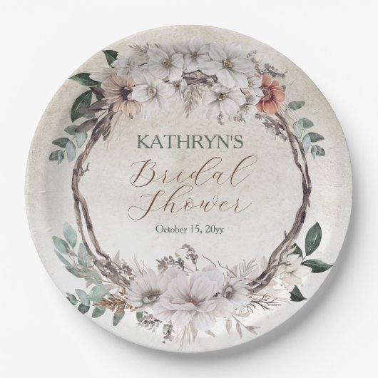 Assiettes En Carton Baigne de mariage floral automnal bohème assourdi (Devant)