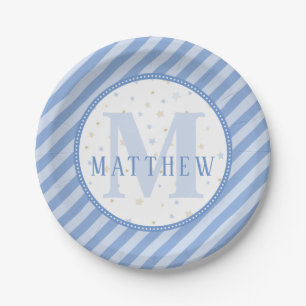 Assiettes En Carton Bain de bébé à monogramme bleu et blanc