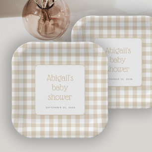 Assiettes En Carton Bain de bébé rustique à carreaux gingham beige