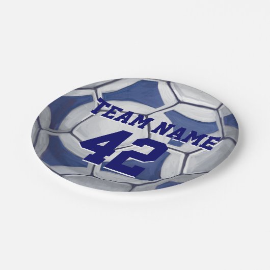 Assiettes En Carton Bal de soccer bleu et blanc Nom et numéro (Angle)
