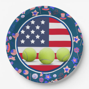 Assiettes En Carton Bal de tennis avec drapeau de l'Amérique 4 Juillet