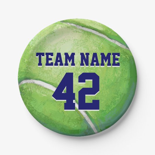 Assiettes En Carton Bal de tennis avec nom et numéro d'équipe (Devant)