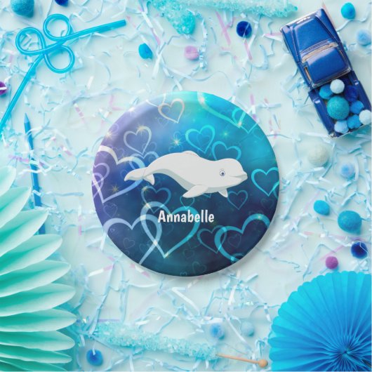 Assiettes En Carton Baleine béluga personnalisée et Coeurs bleus Arcti (Fête)