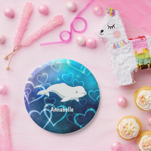 Assiettes En Carton Baleine béluga personnalisée et Coeurs bleus Arcti (Fête)