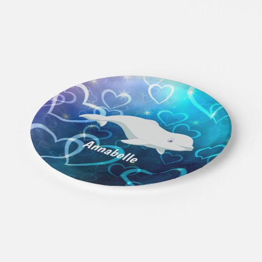 Assiettes En Carton Baleine béluga personnalisée et Coeurs bleus Arcti (Angle)