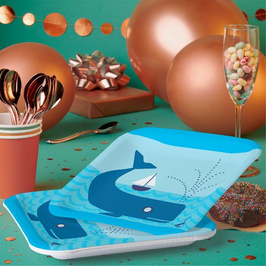 Assiettes En Carton Baleine nautique et voilier Océan Blue Sea
