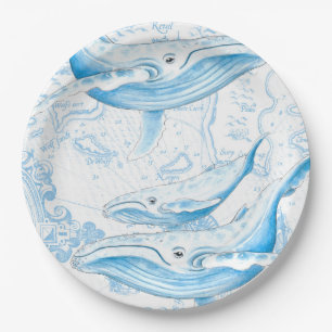 Assiettes En Carton Baleines bleues Famille Blanc