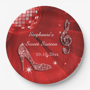 Assiettes En Carton Balle de disco rouge et talons hauts Sweet 16