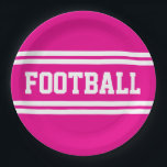 Assiettes En Carton BALLE DE FOOTBALL Bright Athletic Rose White Racin<br><div class="desc">Ce design sportif présente un texte de FOOTBALL athlétique audacieux à l'intérieur de larges bandes de course blanches horizontales jumelles contre un arrière - plan rose vif.</div>